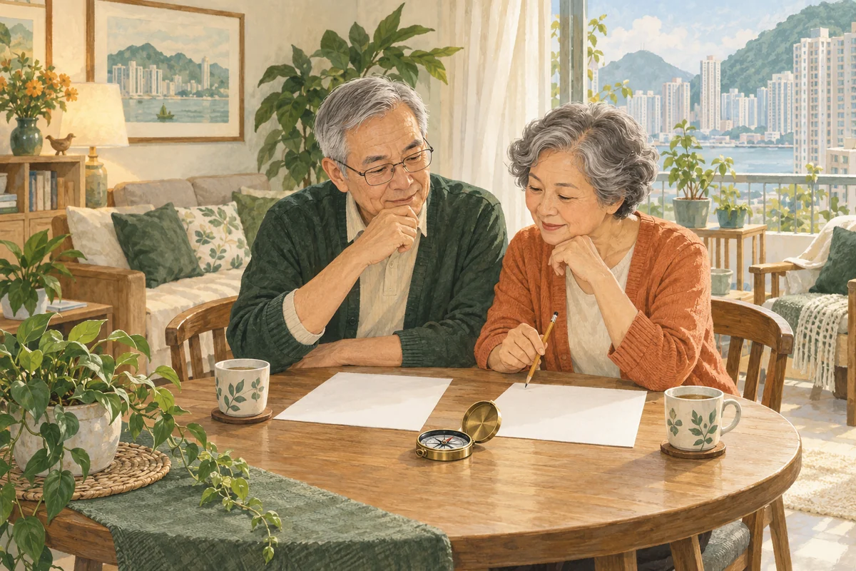 長者夫婦在家中一起了解照顧安排的情境插畫