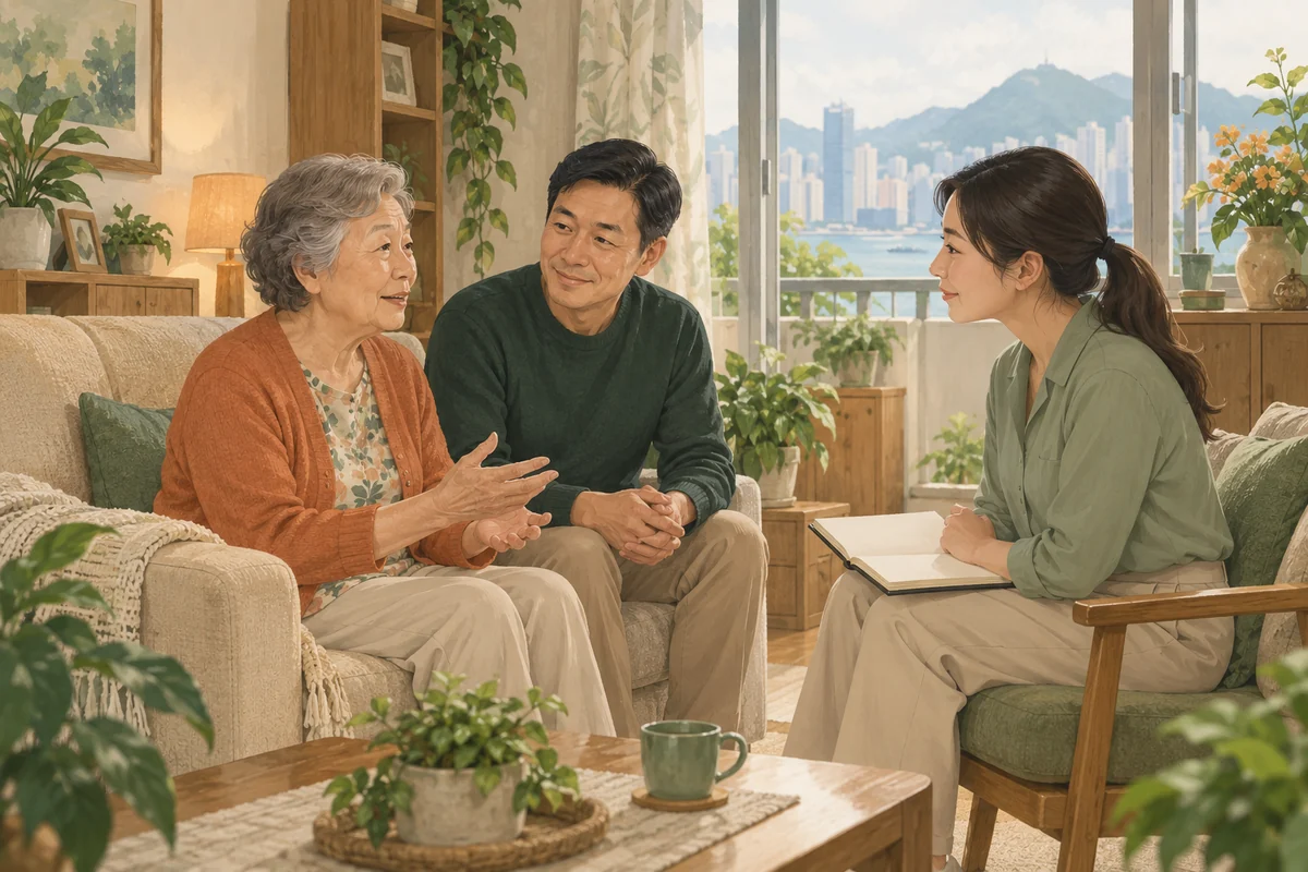 照顧專業人員在家訪中聆聽長者和家人的情境插畫