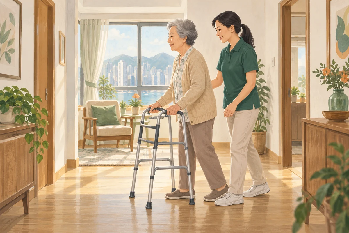 長者在專業人員陪伴下使用助行架步行的情境插畫
