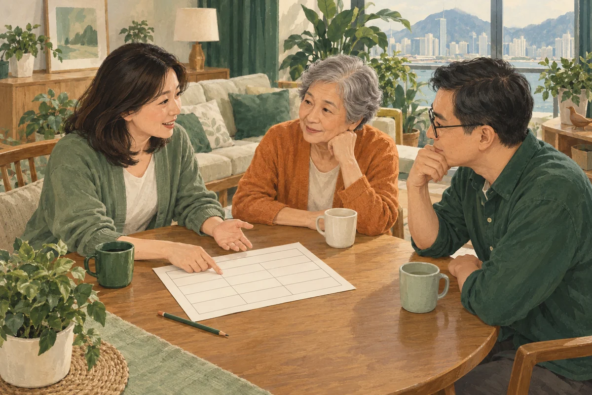 家庭成員圍桌一起分工安排照顧的情境插畫