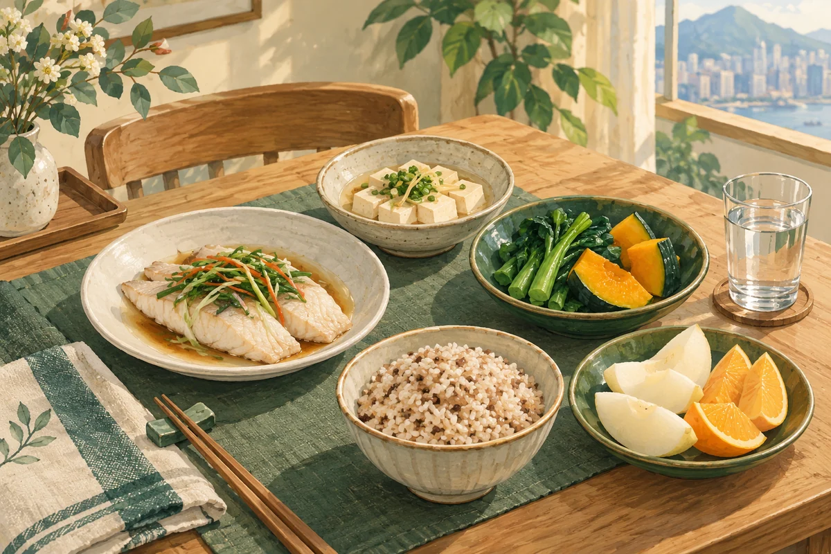 包含蔬菜、魚、豆腐、水果和飯的家常均衡餐情境插畫
