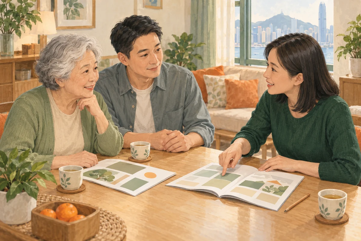 長者與家屬在桌前比較家居照顧服務資料的情境插畫